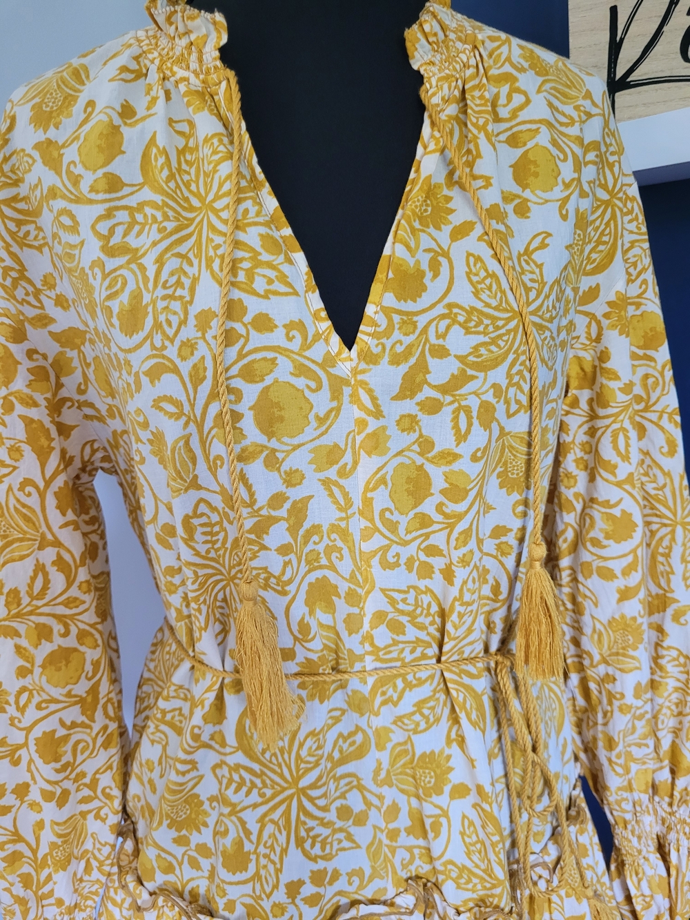 H&M 100% Cotton Top/Dress Yellow/White Floral Tie-Waist Long Sleeve XS -Like New - Picture 3 of 14